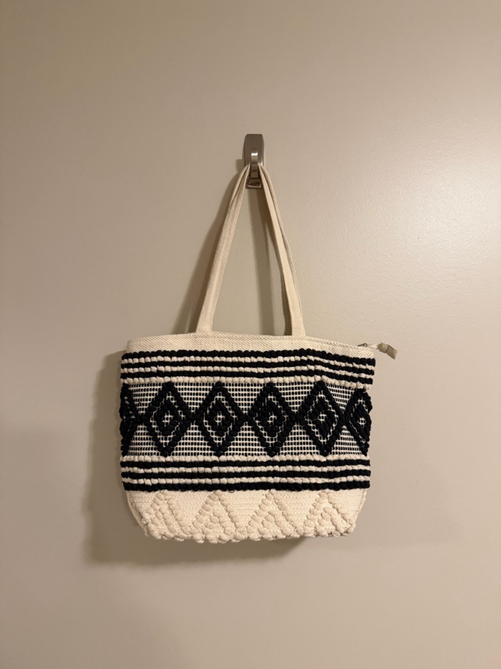 Boho Woven Tote Back in black and cream